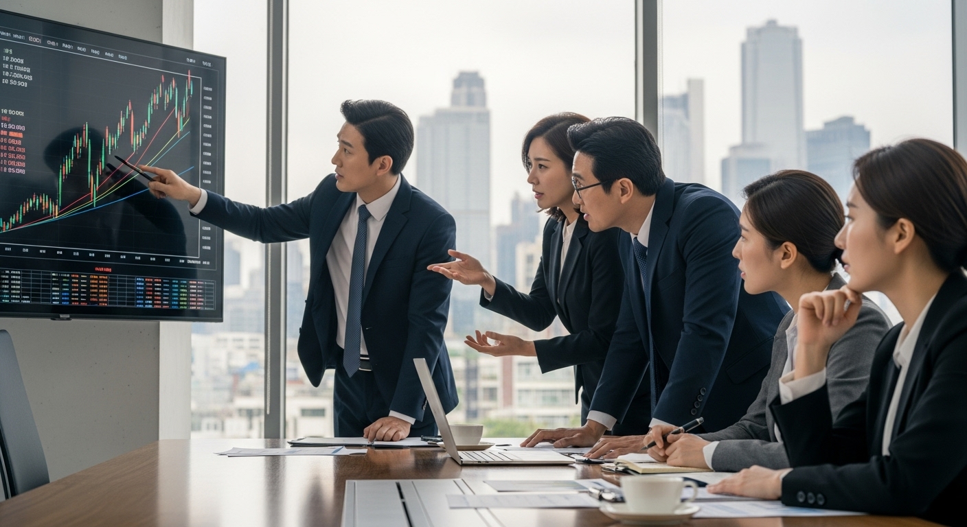 현대적인 사무실에서 높은 환율의 영향을 토론하는 한국의 비즈니스 사람들