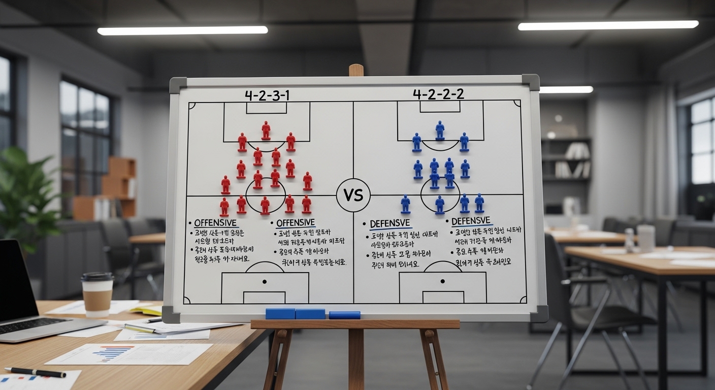 한국 사무실에서 전술 보드에 표시된 다양한 축구 포메이션과 전략 노트
