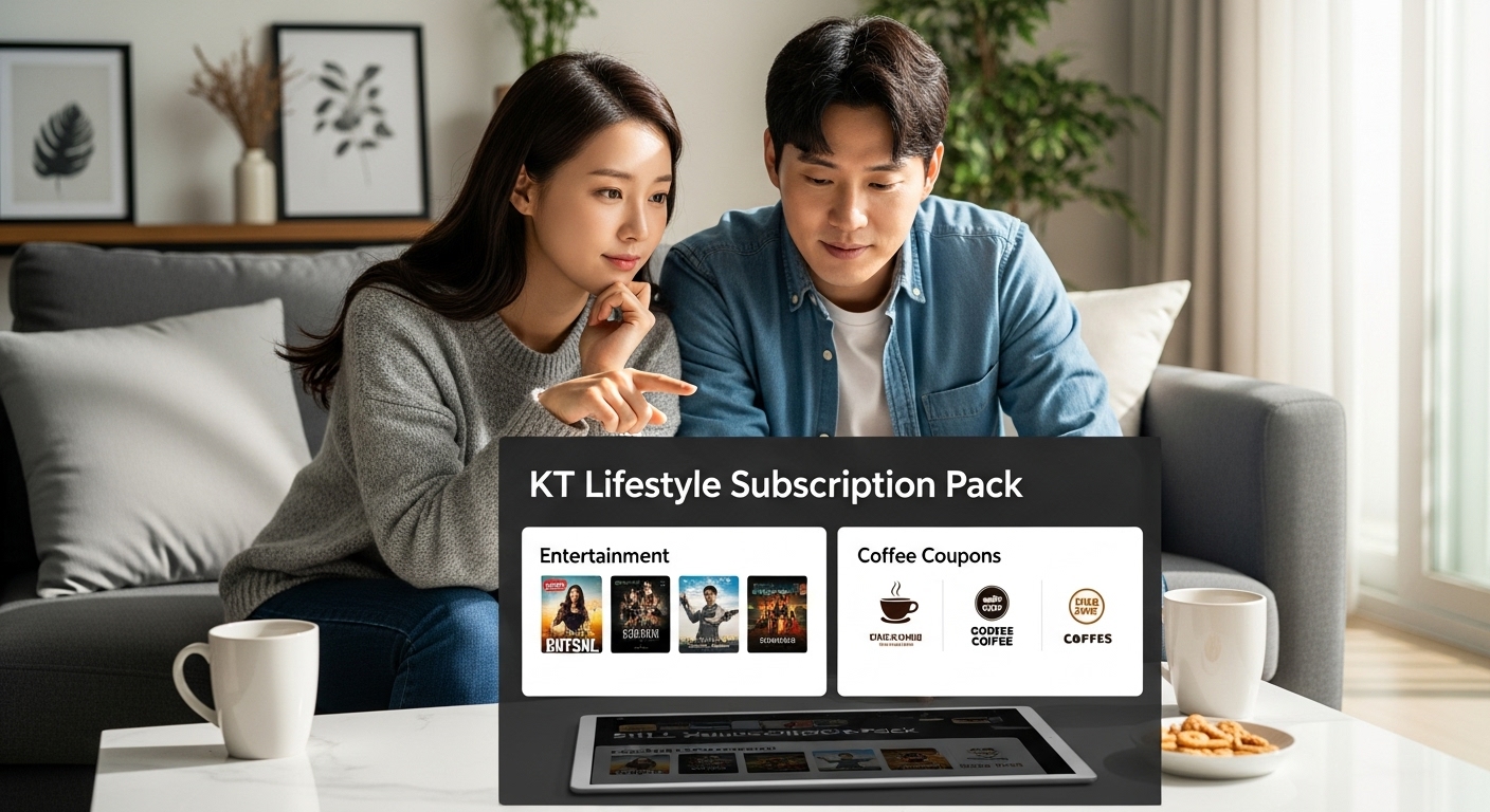 집에서 KT 생활구독팩 옵션을 검토하는 커플의 모습