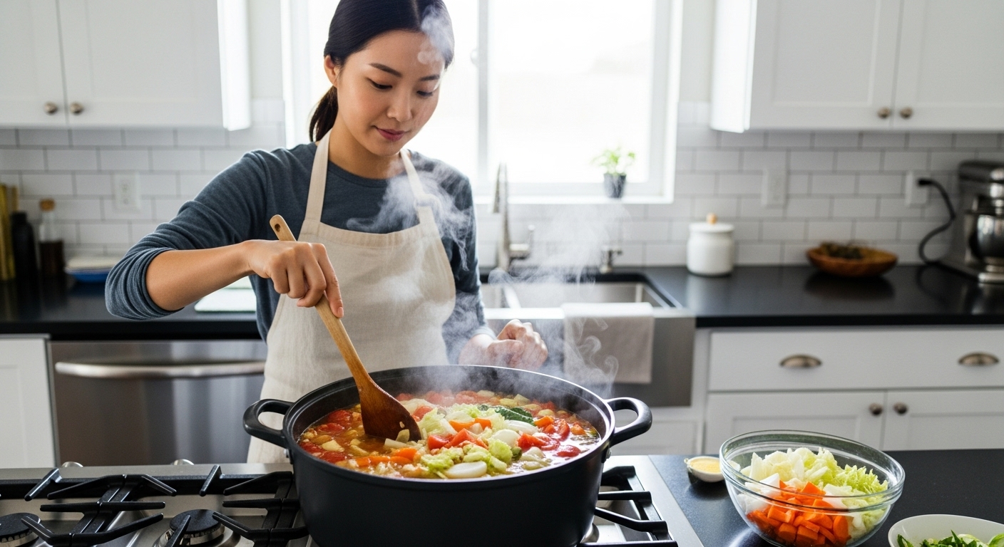 한 여성이 현대식 주방에서 토마토와 양파 등 채소가 가득한 큰 냄비의 수프를 준비하는 모습
