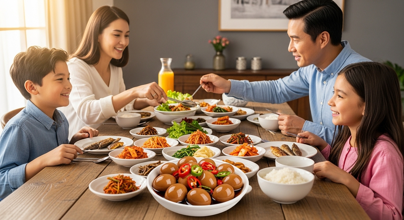 가족이 함께 식탁에서 다양한 반찬을 즐기는 모습