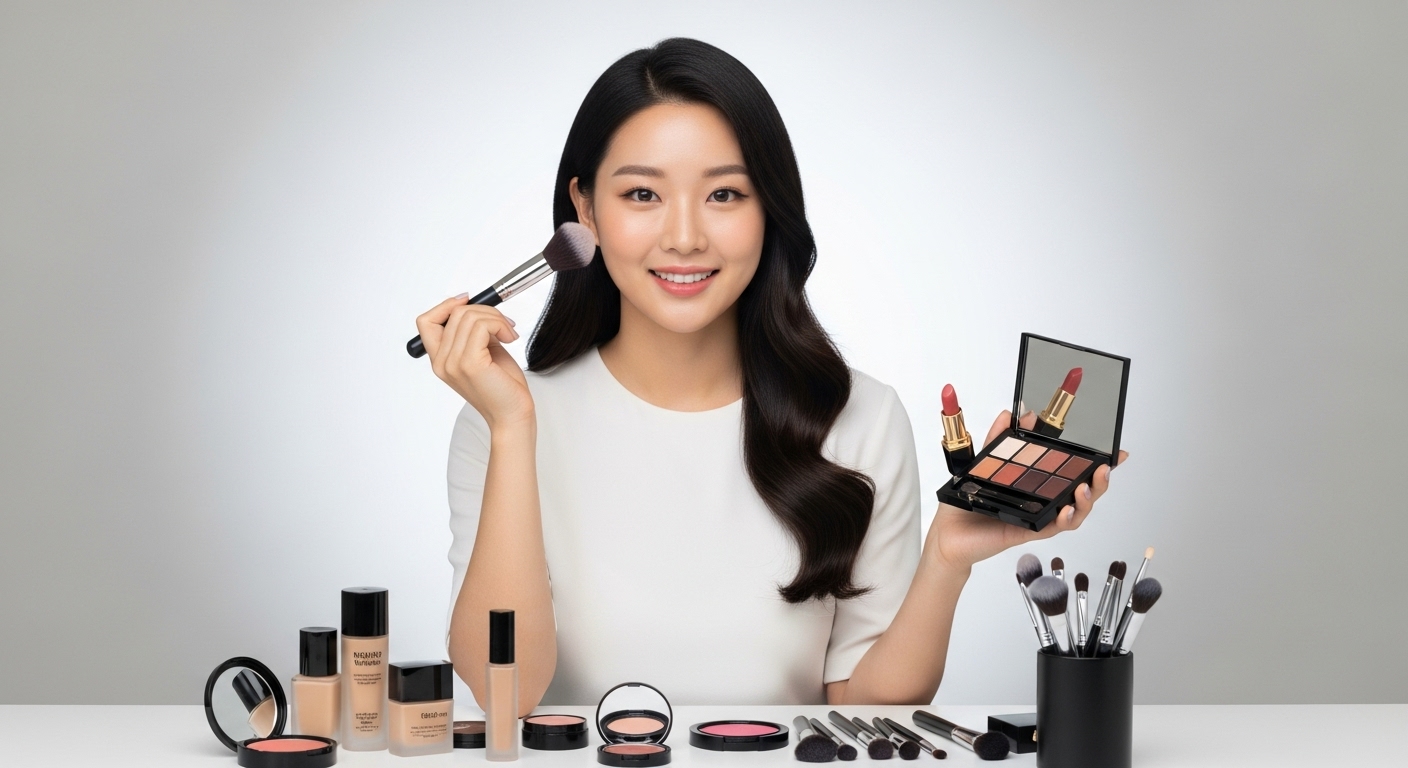 한국 뷰티 인플루언서가 밝은 스튜디오에서 화장품과 브러시를 들고 있는 모습