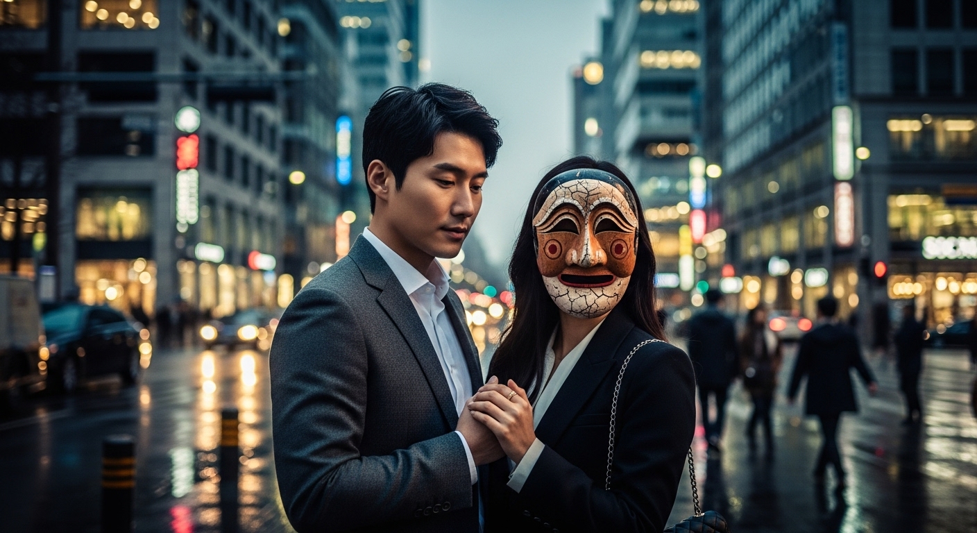 현대 도시에서 한 사람이 가면을 쓴 커플이 상징하는 숨겨진 감정