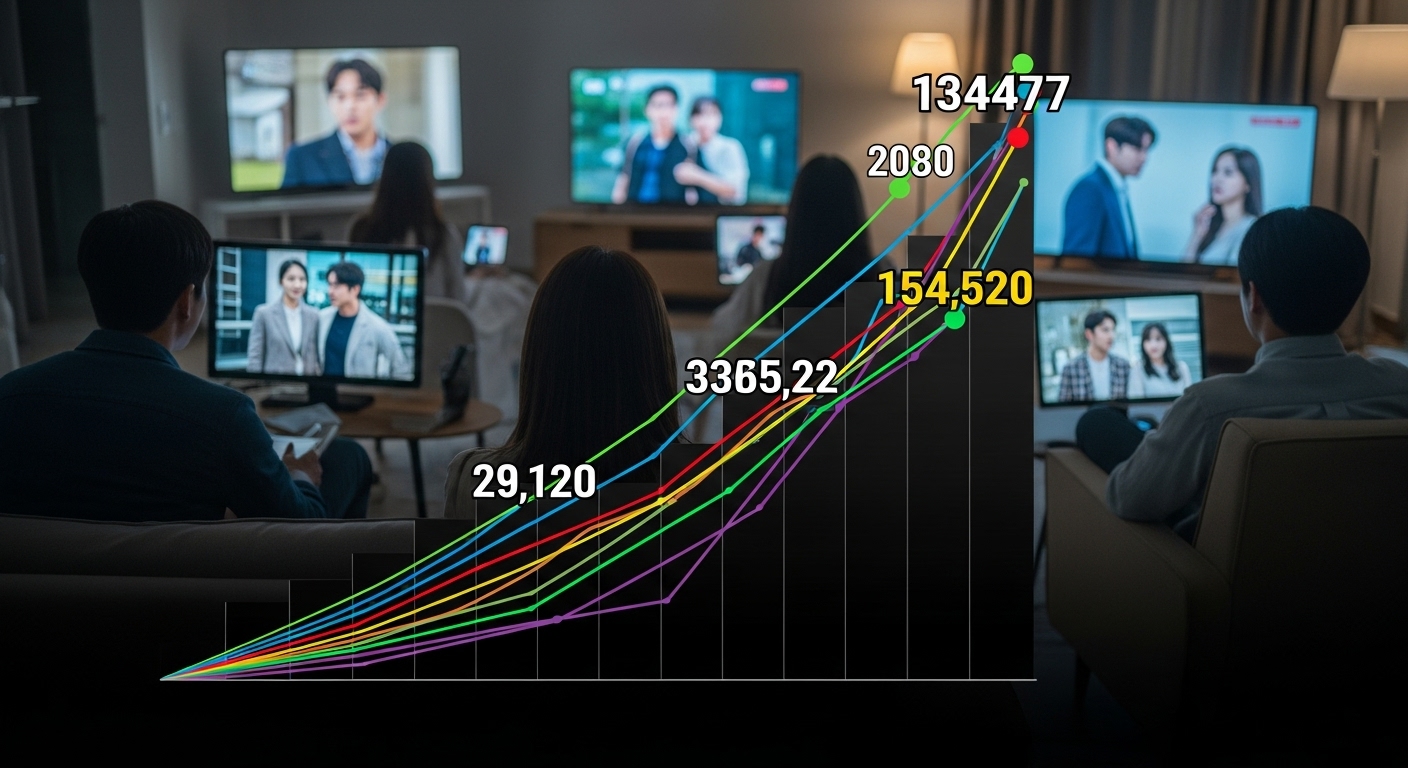 한국 방송 프로그램의 높은 시청률을 나타내는 그래프와 TV를 시청하는 사람들