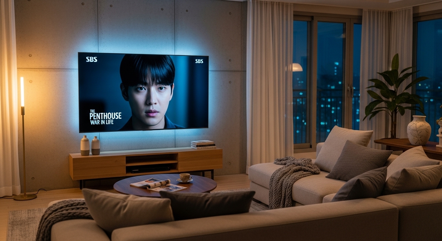 현대적인 한국 거실에서 인기 있는 SBS 드라마가 방영 중인 큰 화면의 TV 모습