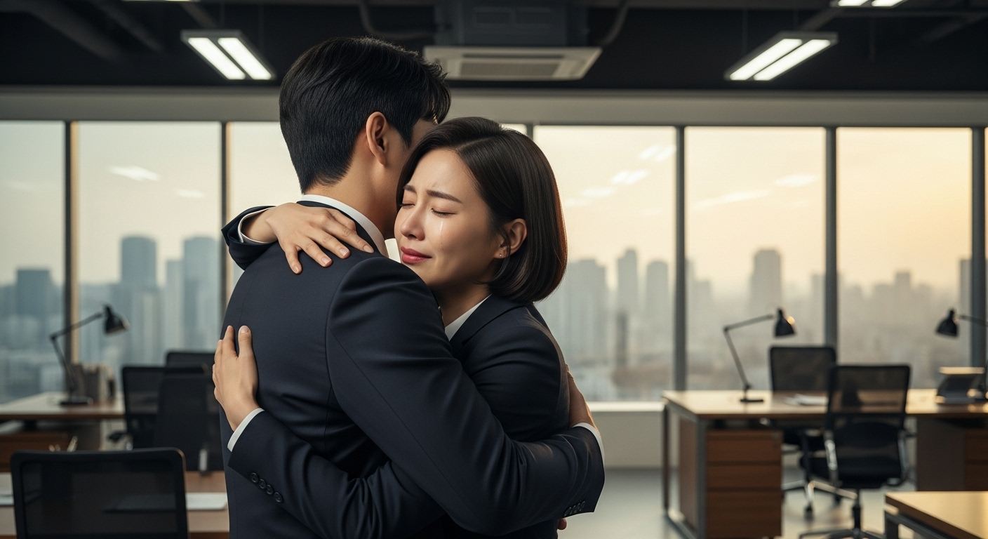 세련된 회사 환경에서 두 명의 한국 오피스 근무자가 극적인 재회를 하는 순간