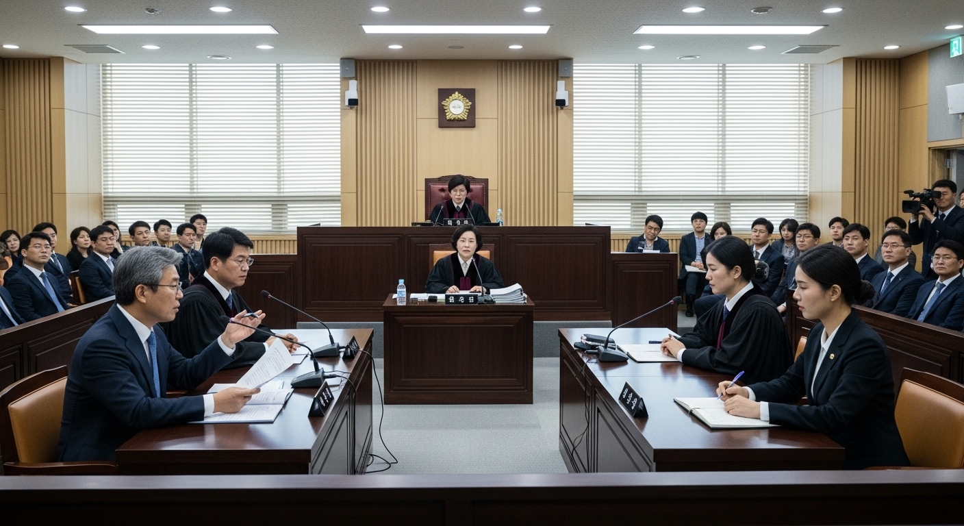 현대적 한국 법정에서 수트를 입은 사람들이 고위급 소송을 논의하는 긴장된 분위기