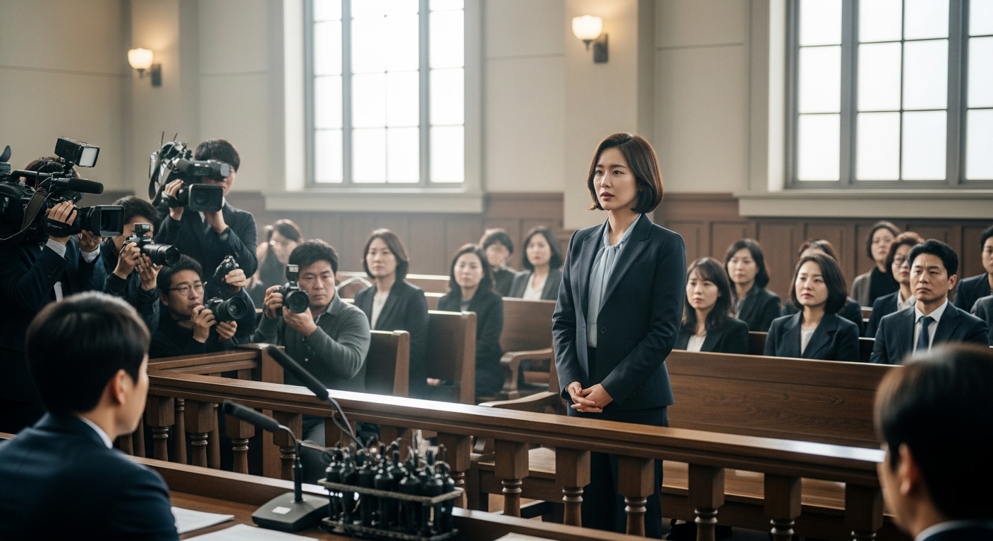 법정에서 과거 연인 관계를 밝히며 자신감을 보이는 한국 여성