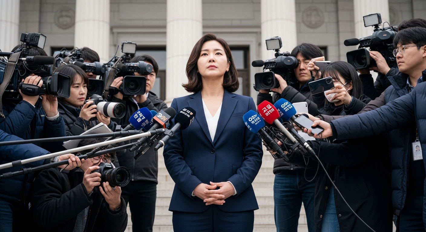 사생활 문제에 대해 미디어 앞에서 기자들과 대면하는 한국 여성