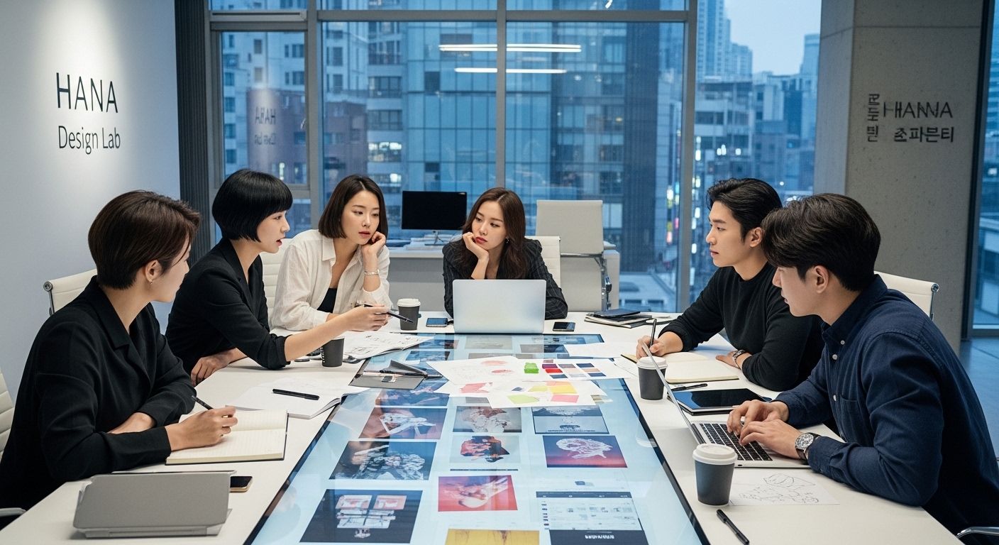 패션 산업에서 예술적 자유와 공공 도덕의 경계를 논의하는 젊은 디자이너들이 있는 현대적 디자인 스튜디오