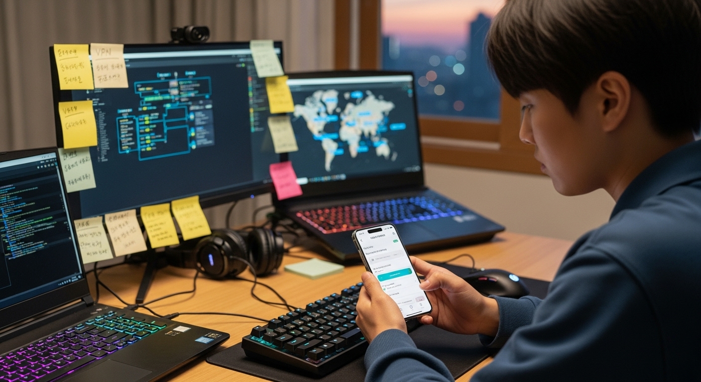 한 젊은이가 책상에서 스마트폰으로 VPN 앱을 설정 중인 모습