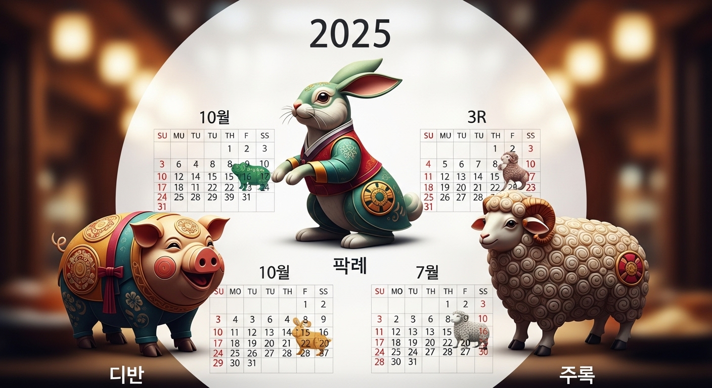 2025년 달력 앞에 놓인 돼지띠, 토끼띠, 양띠의 상징적인 이미지
