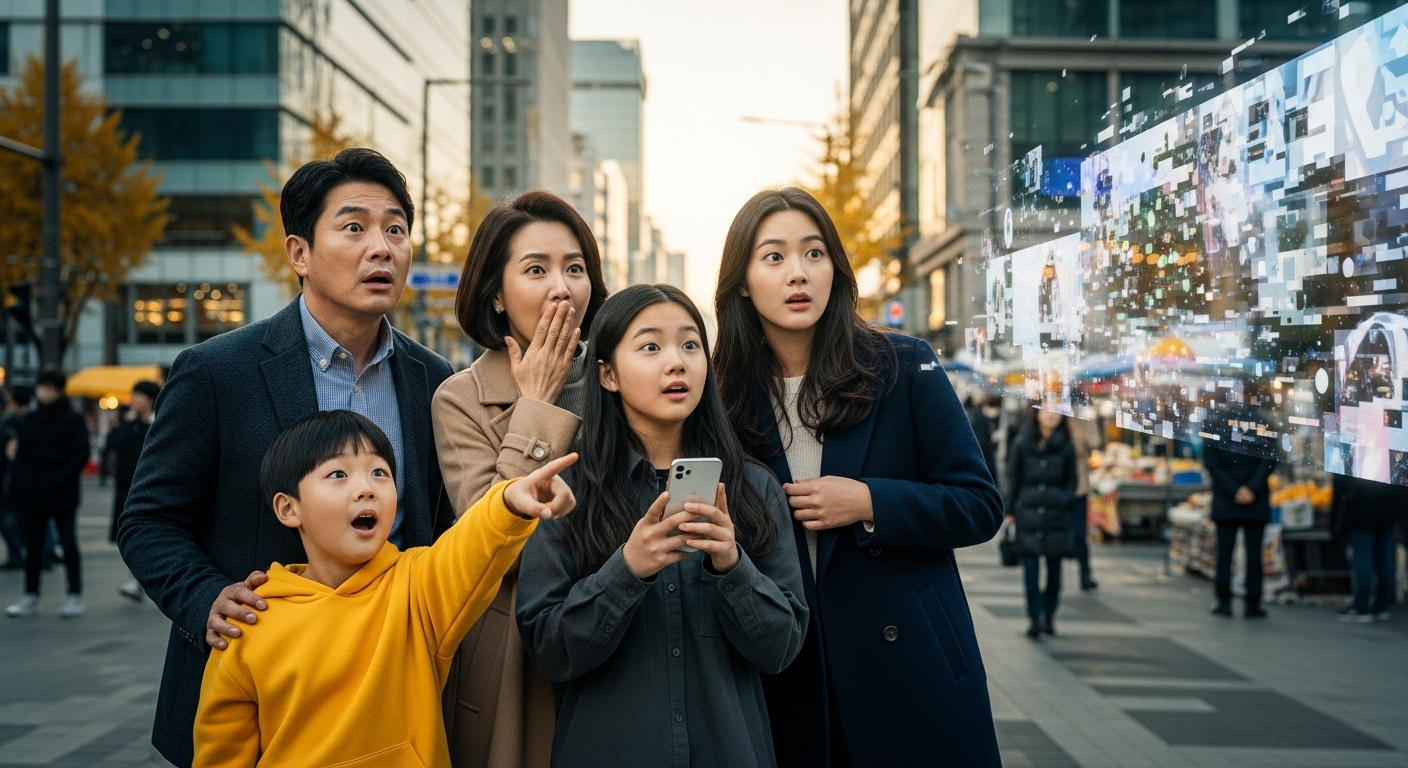 도시 배경 속에서 예측하지 못한 변화를 겪고 있는 가족의 모습