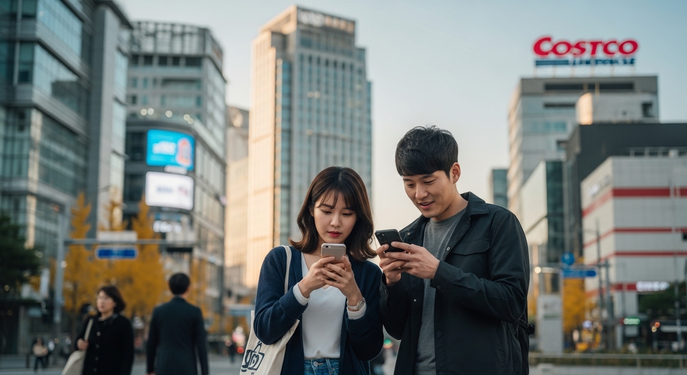도시 풍경 속에서 스마트폰으로 재고를 확인하는 젊은 커플