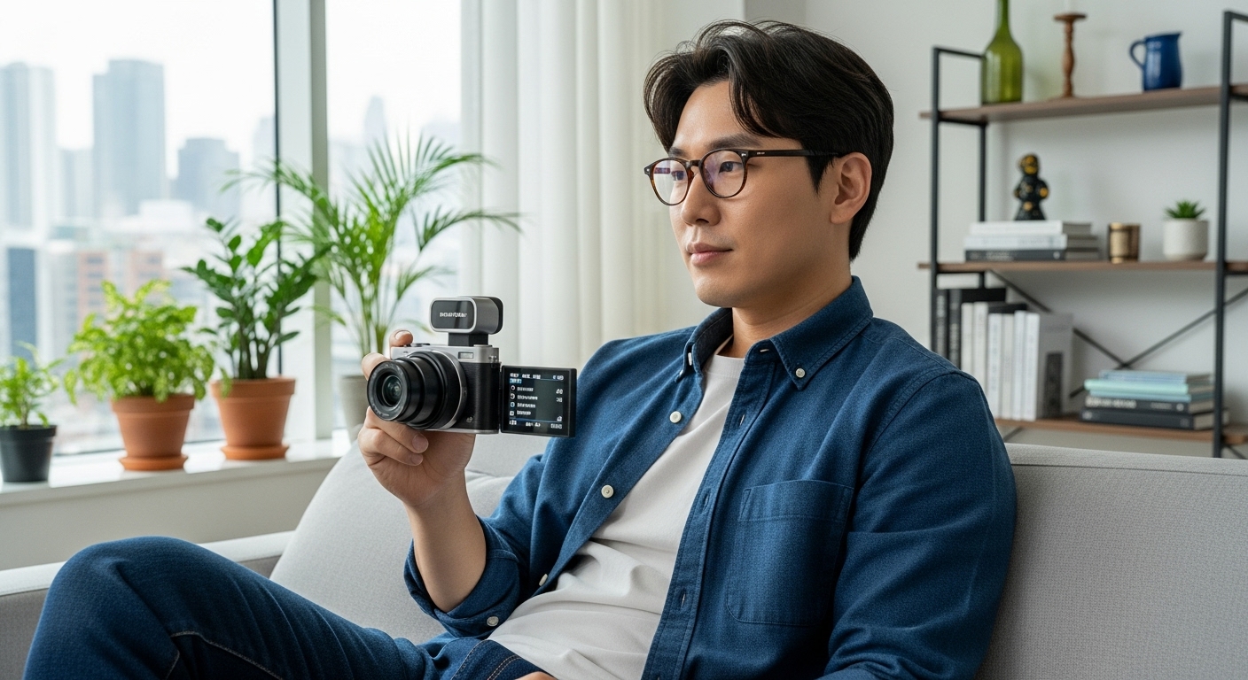 현대적인 거실에서 세련된 디자인의 컴팩트 디지털 카메라를 감상하는 기술 애호가