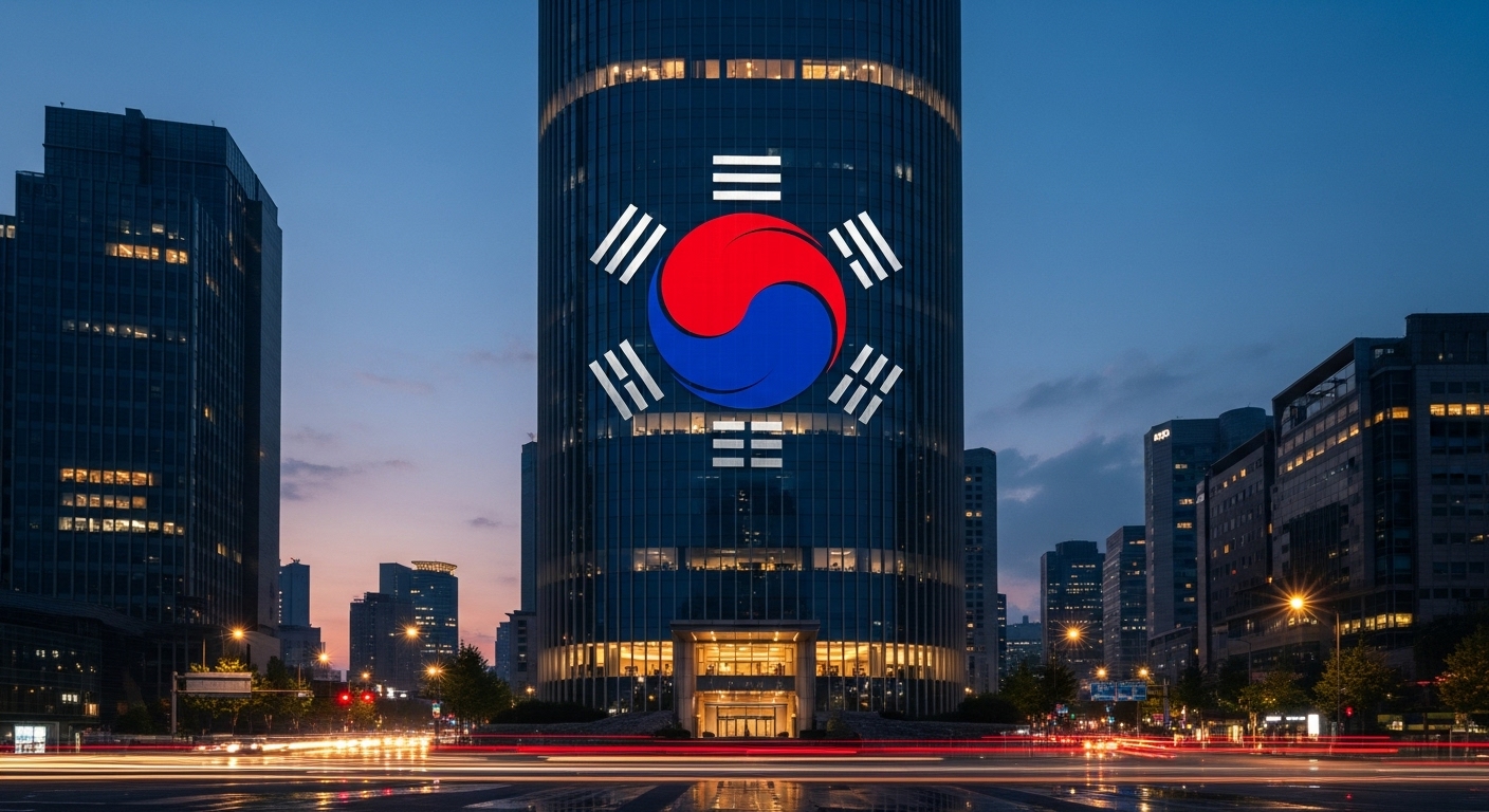 태극기 요소에서 영감을 받은 새롭게 디자인된 기업 로고가 도시 환경에서 눈에 띄게 전시된 모습