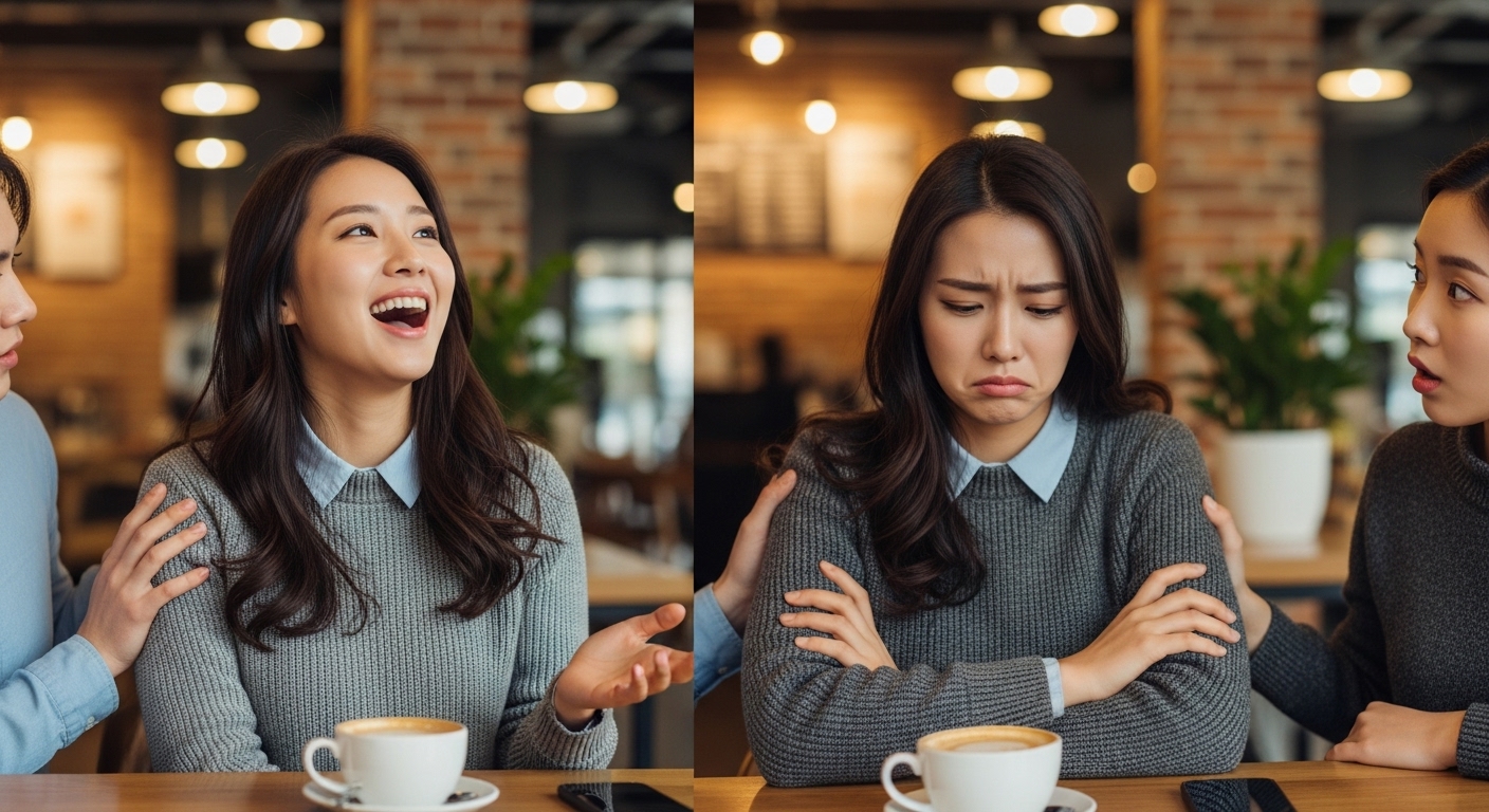 카페에서 친구들과 있다가 갑자기 감정 변화가 있는 여성의 다양한 표정