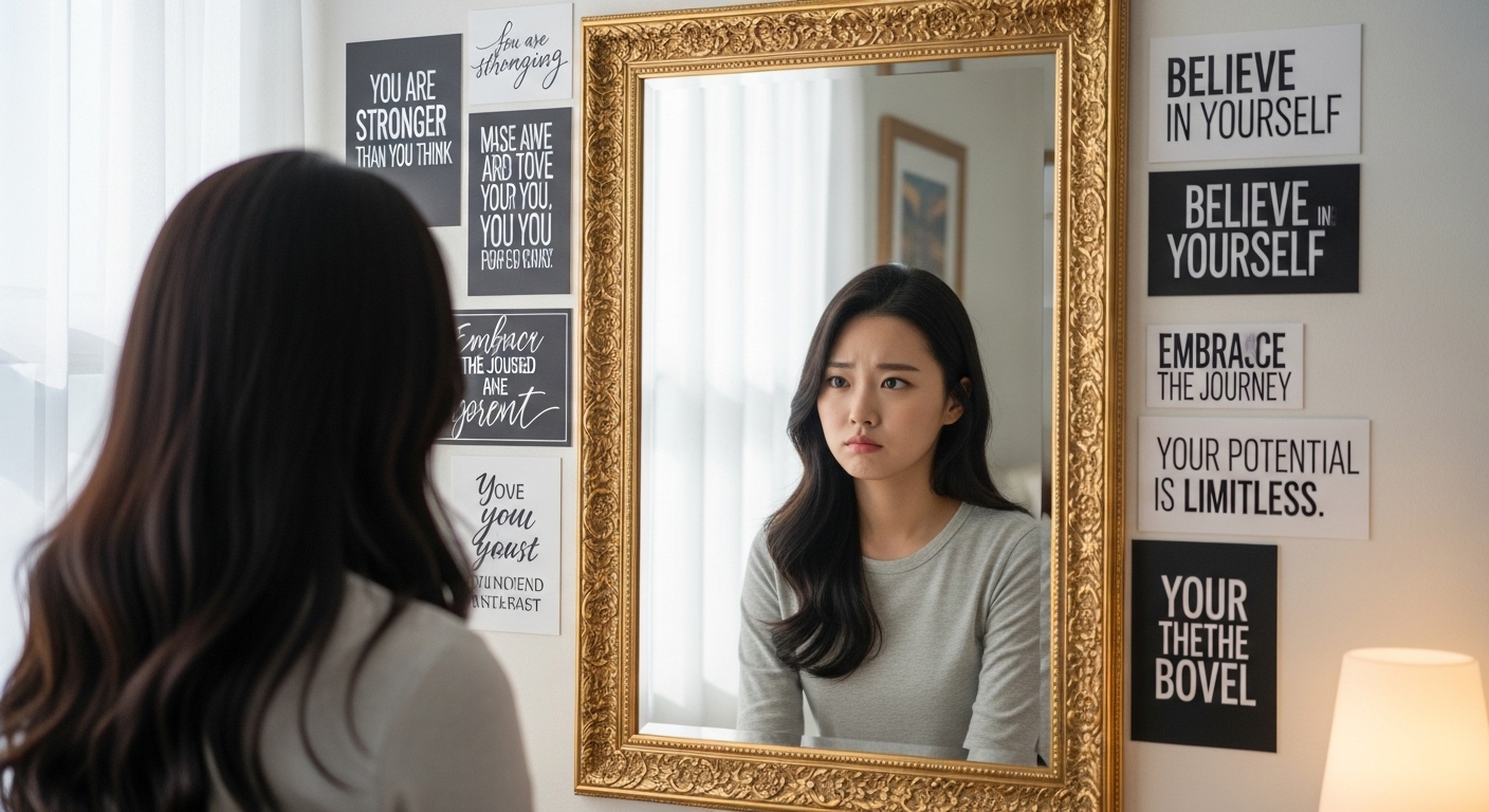 거울을 바라보며 의심스러운 표정을 짓고 있는 젊은 여성이 동기부여 문구로 둘러싸인 모습