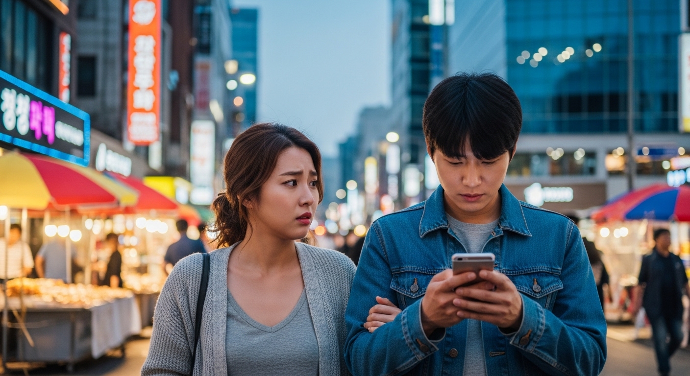 도시 환경 속에서 한 명은 계속 휴대폰을 확인하고 다른 한 명은 걱정스러운 표정을 짓고 있는 한국 커플