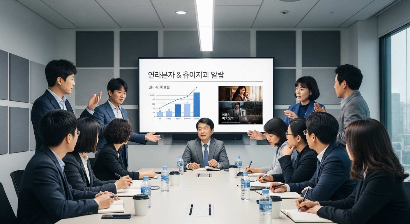 현대식 회의실에서 슬라이드를 보며 다음 작품을 위한 개선점을 논의하는 한국 영화 평론가들