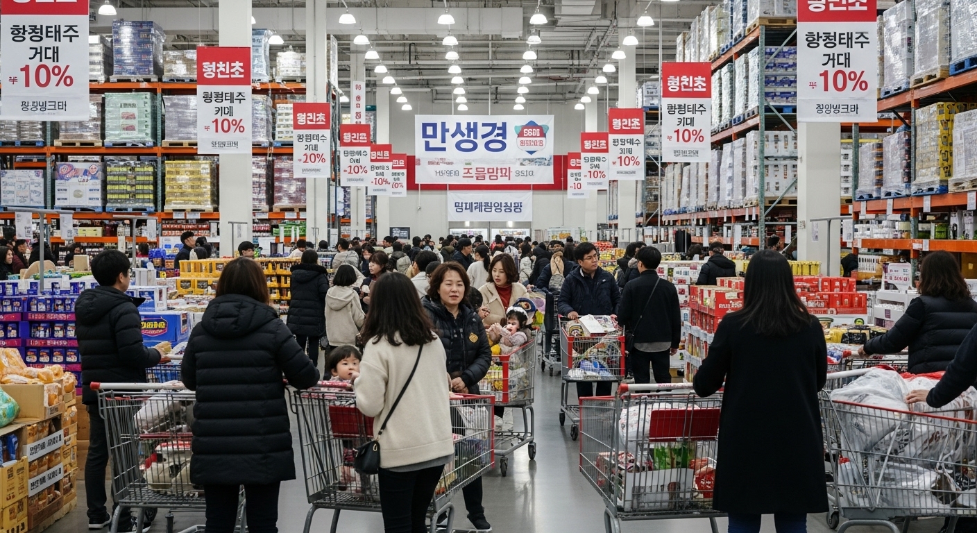 연말 대형 세일 중인 한국의 코스트코 매장에서 쇼핑하는 사람들