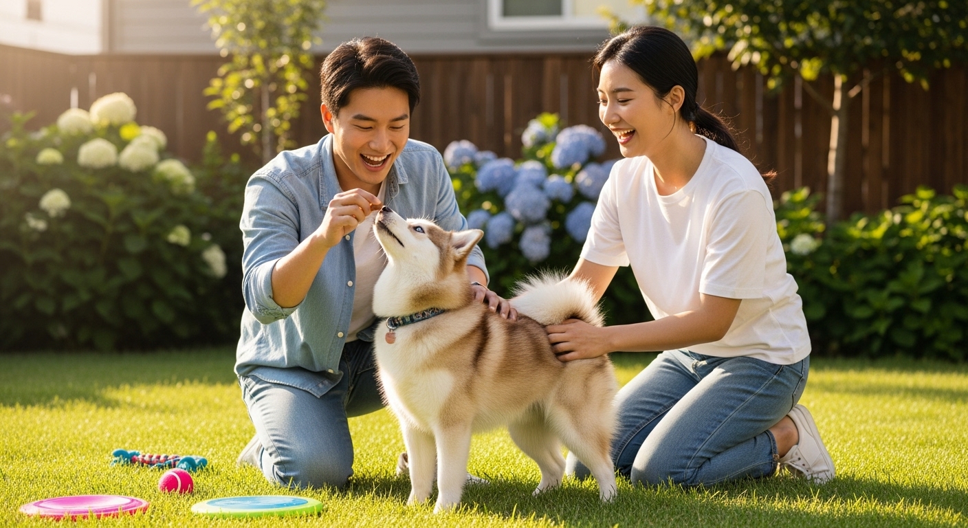밝고 화창한 마당에서 간식으로 폼스키를 보상하며 놀고 있는 한국 커플