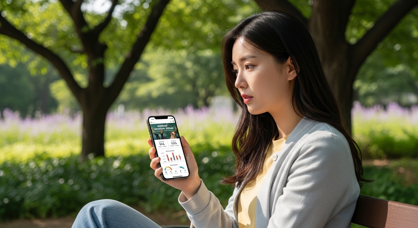 공원에서 스마트폰으로 동물 기증 상태를 읽고 있는 젊은 여성