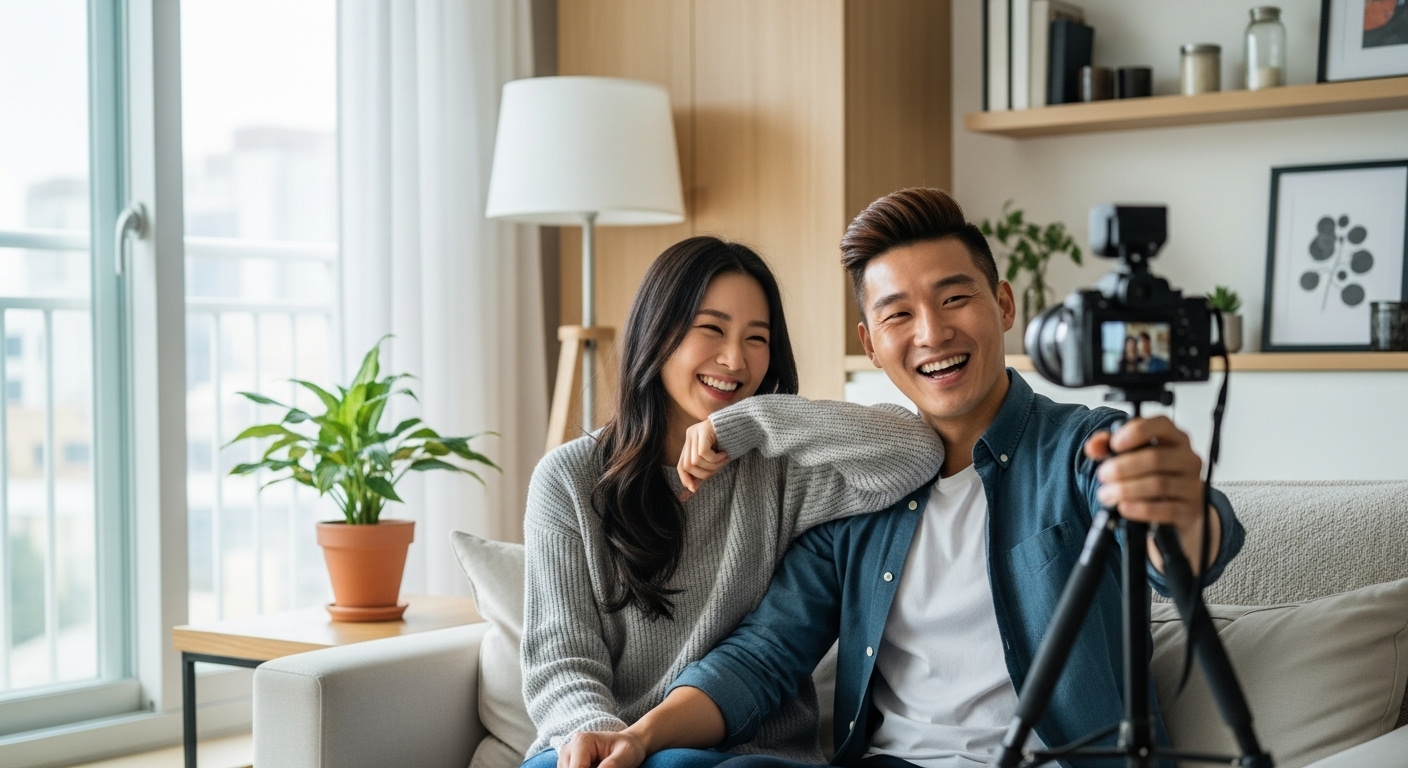 현대적인 집에서 카메라로 브이로그를 촬영하며 즐겁고 로맨틱한 순간을 나누는 행복한 커플