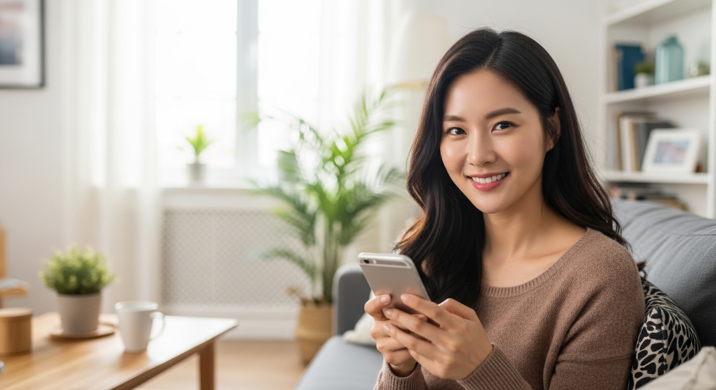 아늑한 거실에서 스마트폰으로 타자를 치며 따뜻하게 미소 짓는 여성이 팬들과 신뢰를 회복하는 진정성을 나타내는 모습