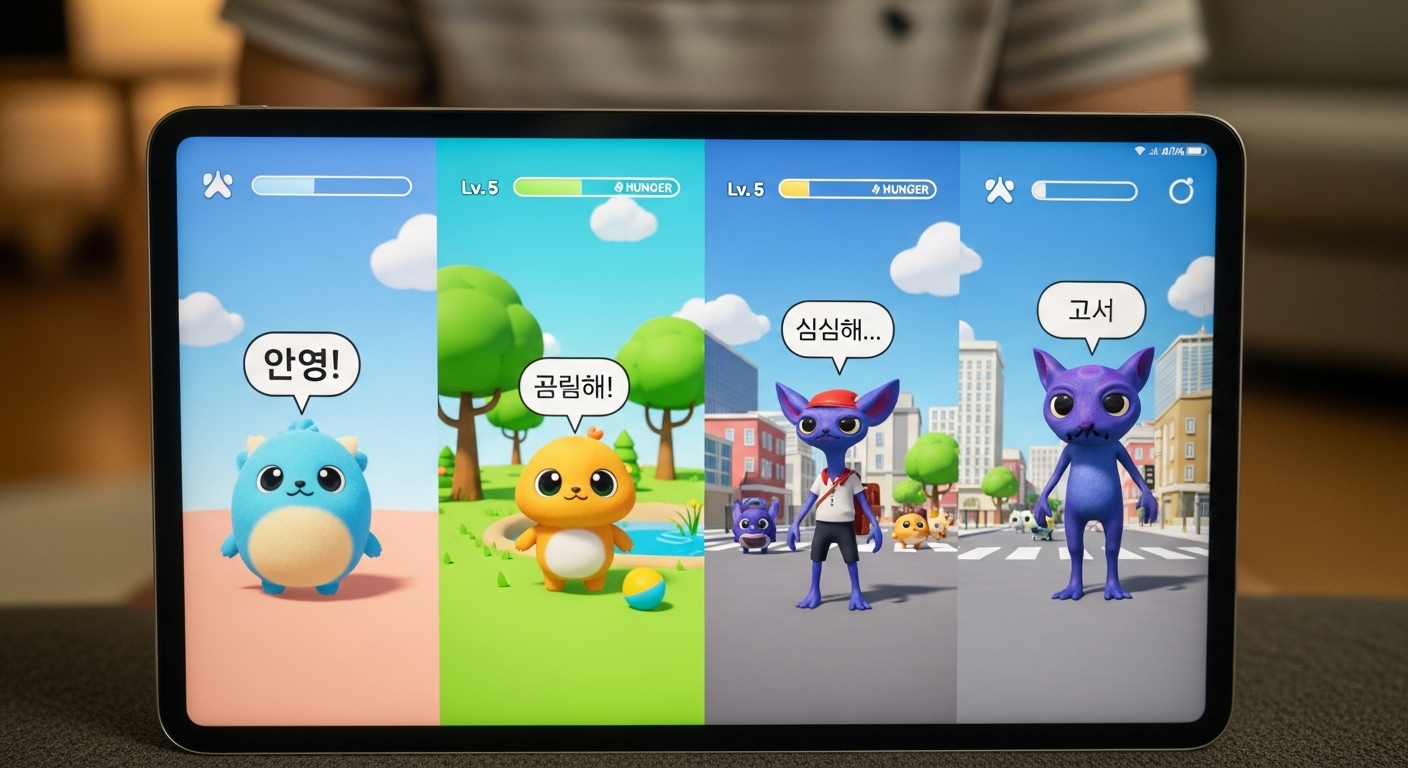 디지털 펫이 태블릿 화면에서 성장하는 과정
