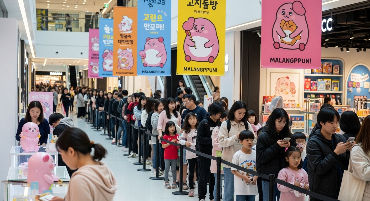 장난감 신제품을 구입하기 위해 몰려든 사람들로 북적이는 쇼핑몰 풍경