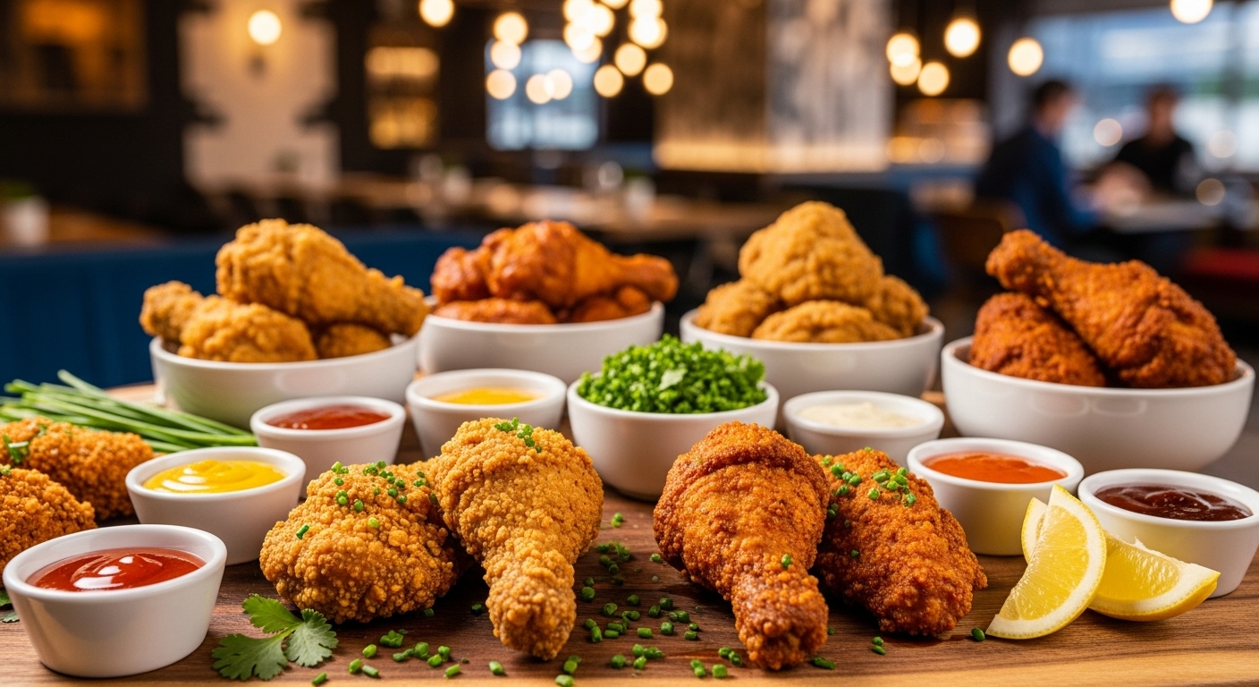 다양한 종류의 KFC 치킨이 현대적인 식당에서 제공되는 장면