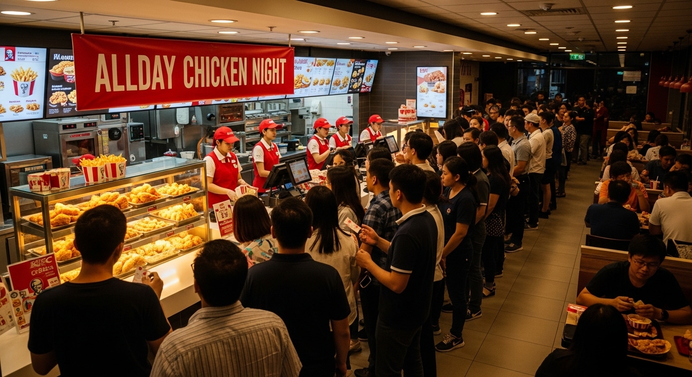 매월 진행되는 올데이 치킨나이트로 붐비는 KFC 매장과 긴 줄 서 있는 사람들