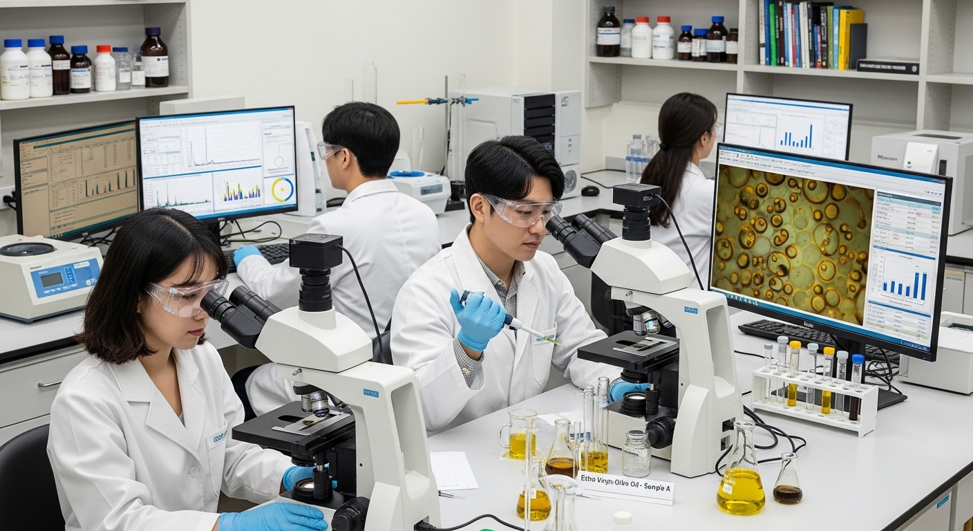 실험실에서 현미경으로 올리브유 샘플을 검사하는 한국 연구자들