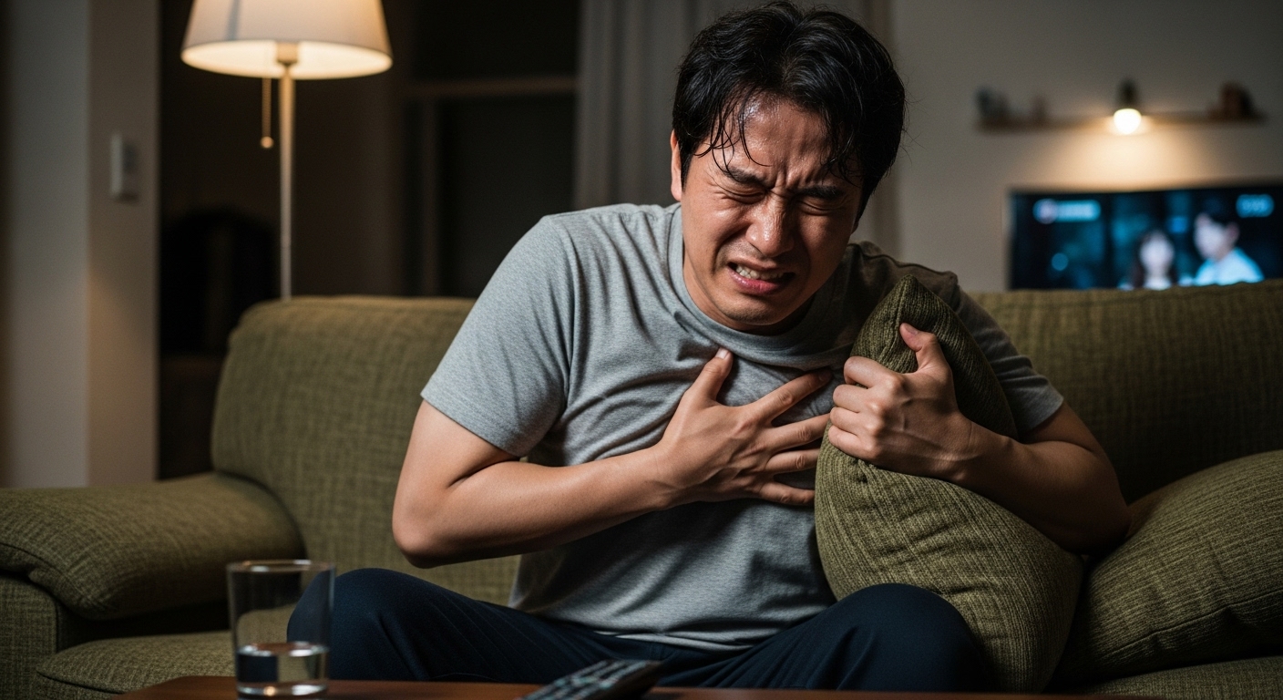 집에서 소파에 앉아 강한 가슴 통증을 겪으며 고통스러워하는 남성