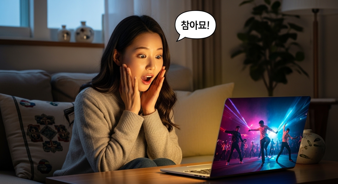 집에서 노트북으로 멋진 퍼포먼스를 보고 감탄하는 한국 여성