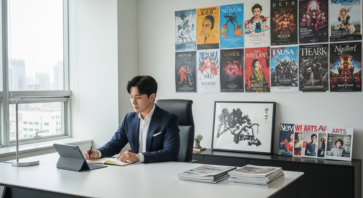 현대적인 사무실에서 예술 및 문화 관련 포스터와 잡지들로 둘러싸인 기업가 모습
