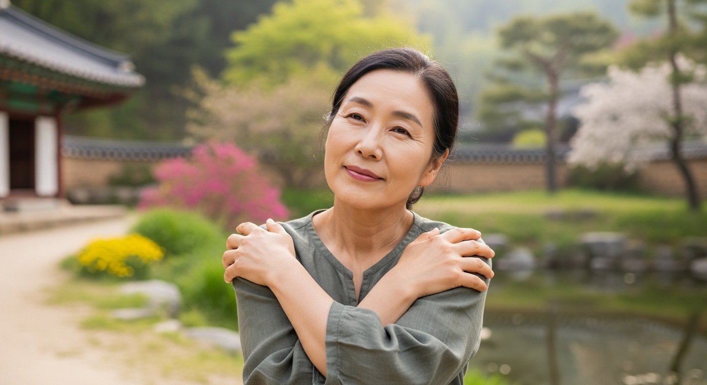자연스럽게 나이를 받아들이며 지혜와 평화를 반영하는 중년 여성