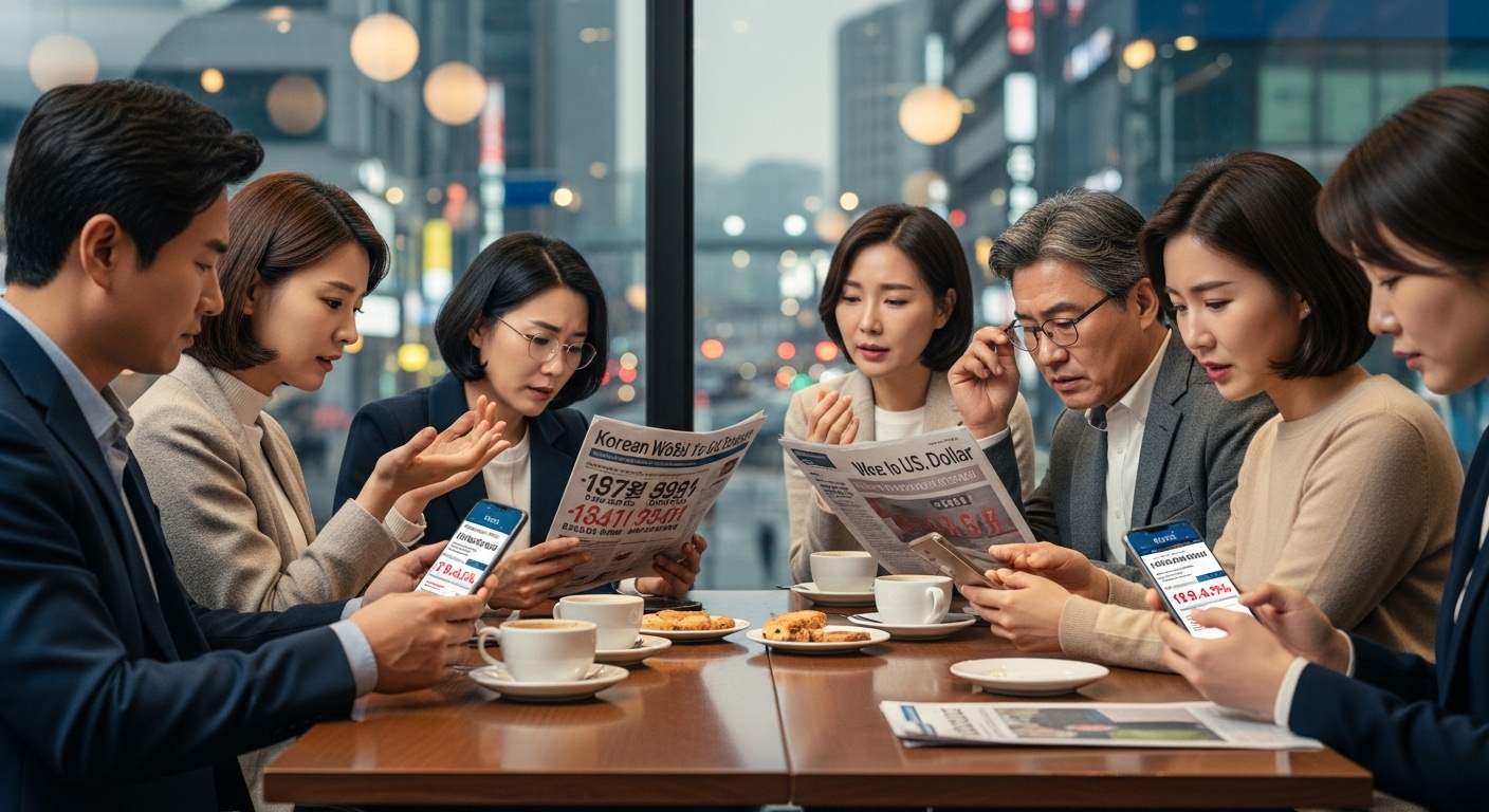 한국 사람들이 카페에서 스마트폰과 신문을 보며 환율에 대해 토론하는 모습