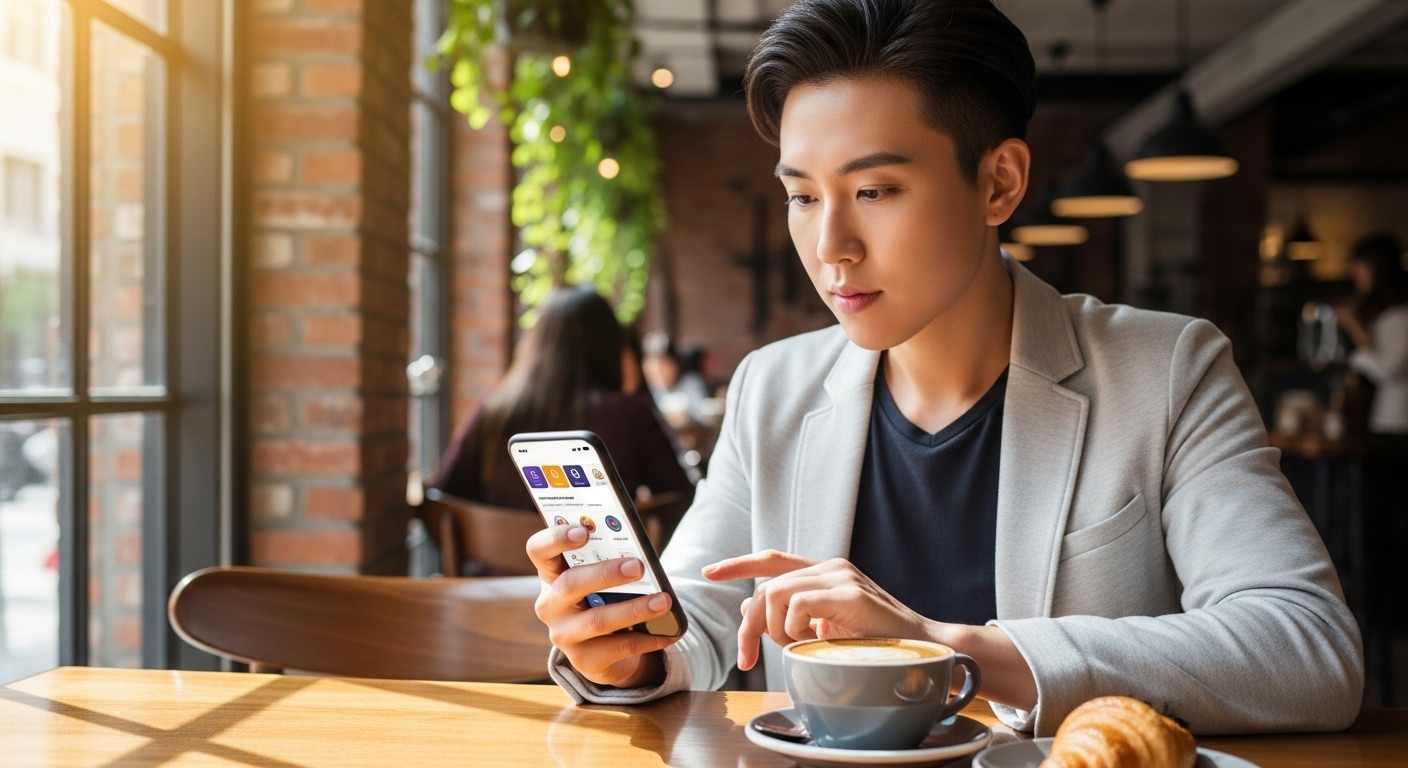 트렌디한 카페에서 스마트폰 앱으로 구독 서비스를 이용하는 젊은 직장인