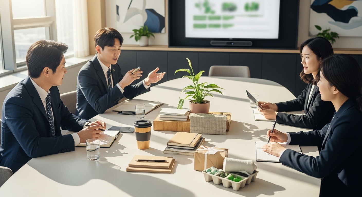 친환경 제품이 전시된 전문적인 환경에서 협상 중인 한국 비즈니스 전문가들