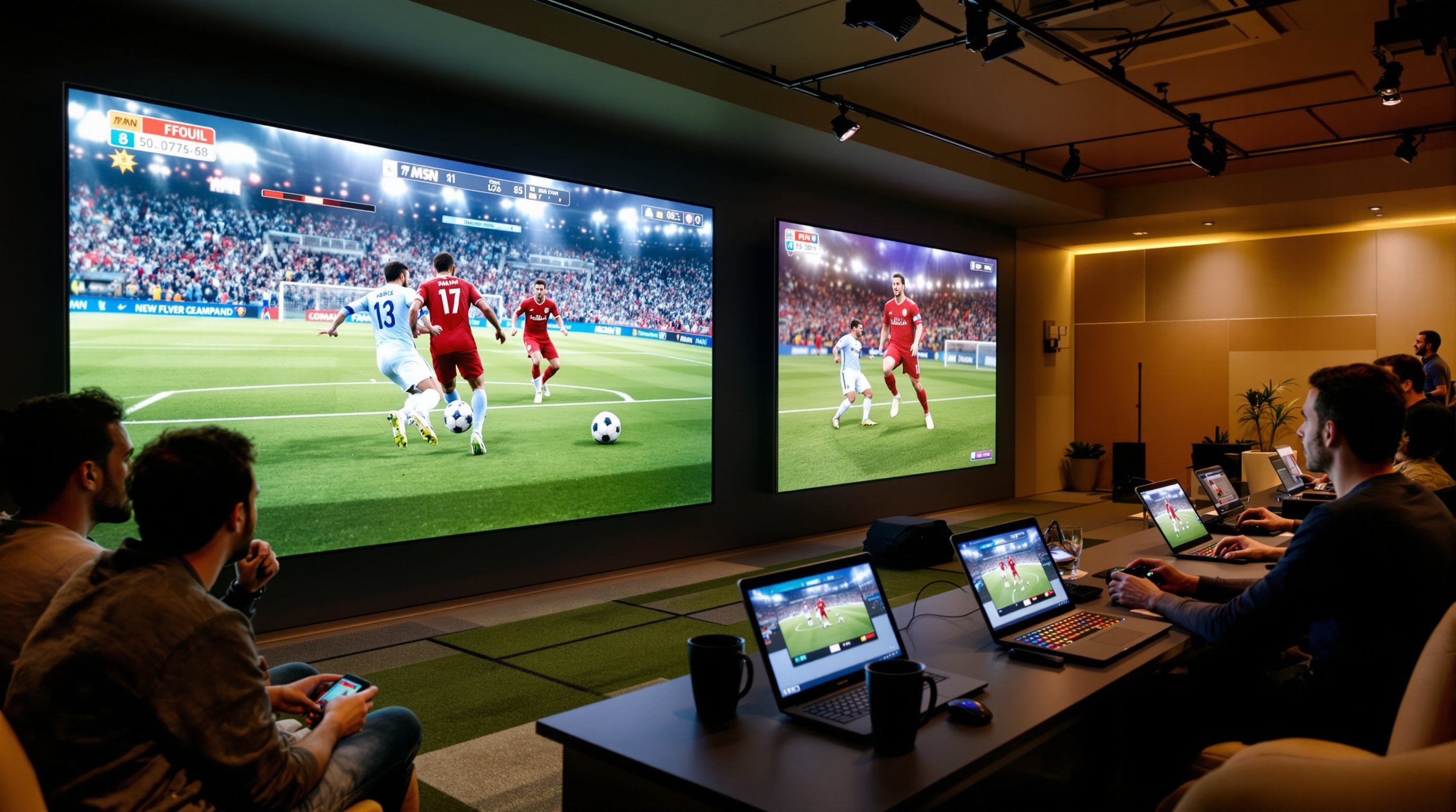 eFootball 게임 화면 속 MSN 선수들의 디지털 경기 모습을 즐기는 게이머들