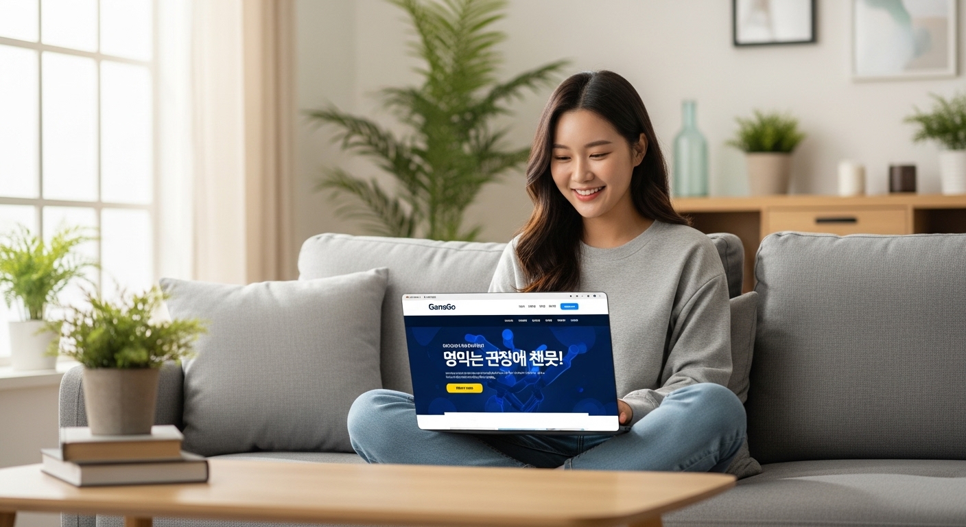 한국인이 집에서 노트북으로 겜스고 환불 정책 개선 소식을 보고 기뻐하는 모습