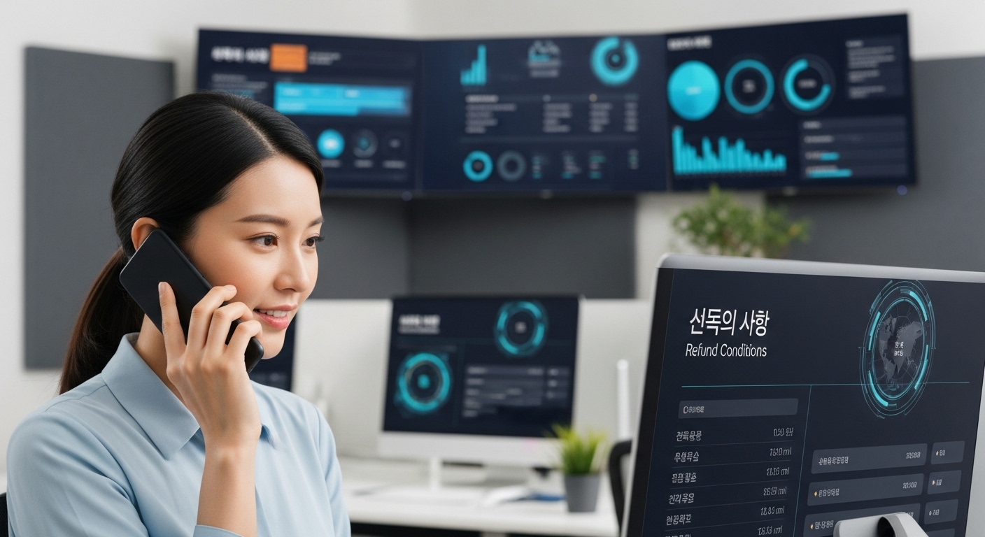 한국인 고객 서비스 담당자가 사무실에서 고객에게 전화로 환불 조건을 설명하는 장면