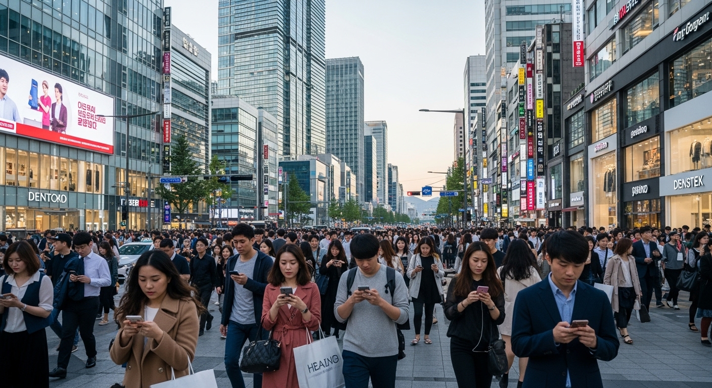 서울 도심의 현대적인 풍경 속에서 스마트폰으로 디지털 상품을 구매하는 다양한 사람들