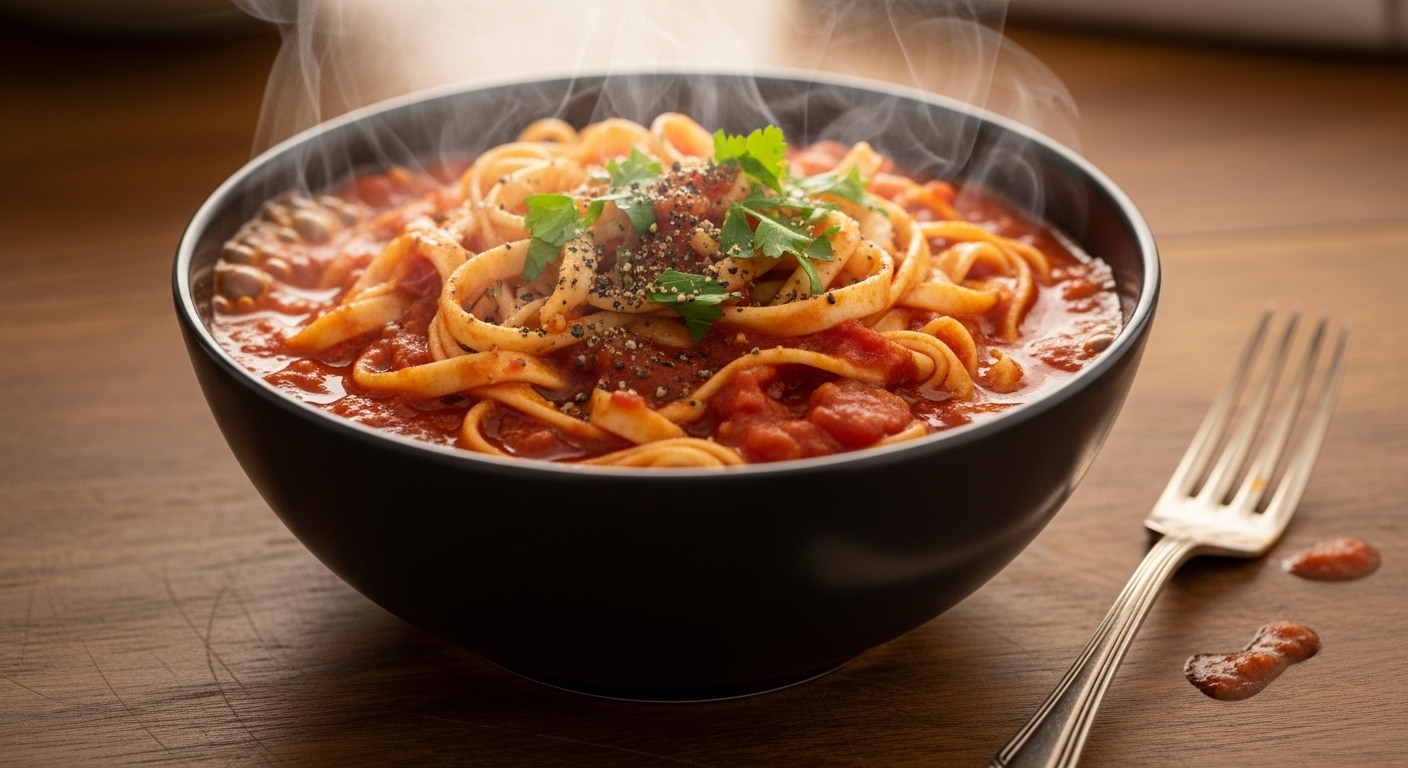 두부면과 함께 만들어진 토마토 파스타가 테이블 위에 놓인 모습