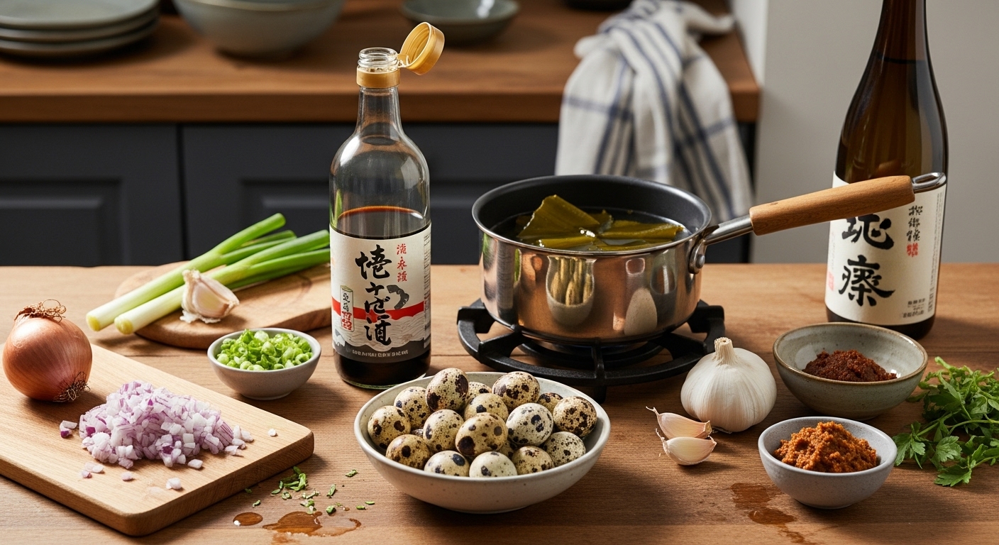 신선한 재료들이 주방 카운터 위에 준비된 모습