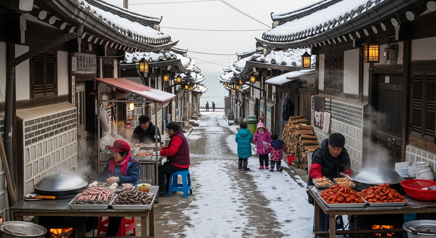 전통 한옥과 눈 덮인 지붕이 있는 아바이마을의 골목길과 활기찬 거리 풍경