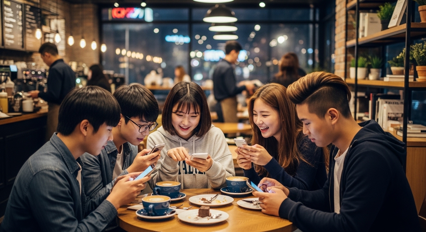 카페에서 스마트폰을 사용하며 인터넷 신조어에 대해 토론하는 젊은이들