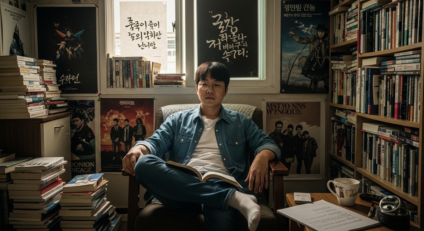 책과 포스터로 가득 찬 아파트에서 사회적 역할과 정체성을 고민하는 개인